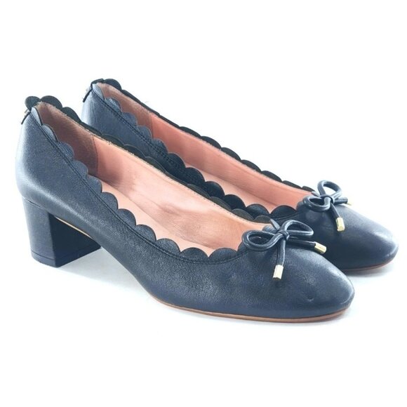 Kate Spade Scalloped Navy Blue Leather Block Heels With Bow Detail For Women Siz - Picture 5 of 10